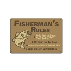JP's Parcels Tin Signs Fishing Cabin Lake House Décor - 12 x 8 in. Fisherman's Rules
