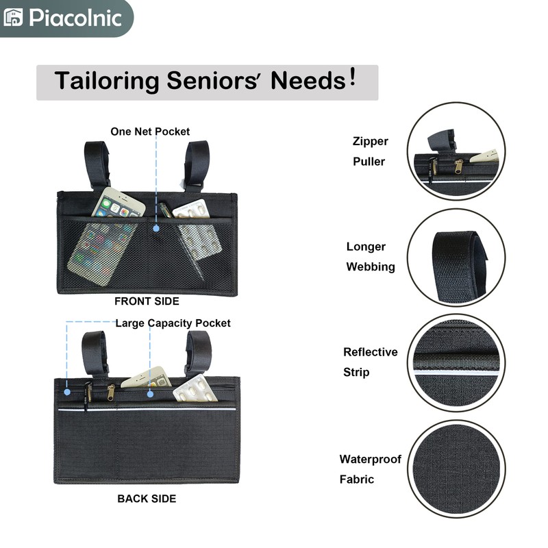 Wheelchair Side Organizer Storage Bag, Waterproof Armrest Pouch with Cup