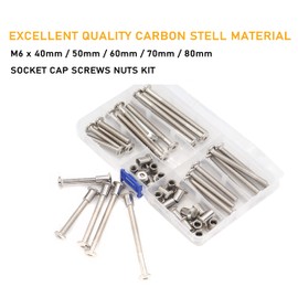 binifiMux 50pcs Hex Drive Socket Cap Bolts Dowel Nuts Assortment Kit, Furniture Joint Connector Bolts, Rivet Bolts Dowel Nuts, Countersunk Screw Post Fit M6x40mm 50mm 60mm 70mm 80mm Nickel Plated