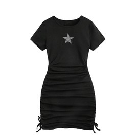 Verdusa Girl's Short Sleeve Rhinestone Star Pattern Drawstring Side Ruched Dress Black 14Y