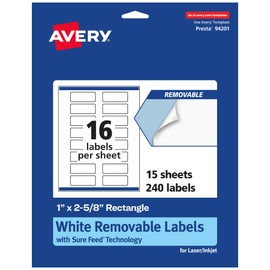 Avery Matte White Removable Rectangle Labels with Sure Feed Technology, Print-to-The-Edge, 1" x 2-5/8", 240 Removable Labels, Laser/Inkjet Printable Labels