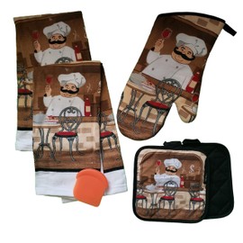 The Spotted Moose Colorful Chef Themed 5 Piece Kitchen Linen Bundle with 2 Dish Towels, 2 Potholders, and 1 Oven Mitt with Bonus Nylon Pan Scrapper(Chef)