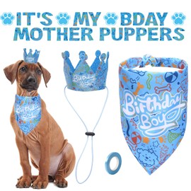 Dog Birthday Boy Bandana - Pet 1st Birthday Party Supplies - Hat Scarf Bowtie Banner Set for Small Medium Dogs (Blue)