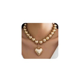 Chargances Charm Gold Heart Pendant Choker Fashion Chunky Beaded Chain Necklace Boho Metal Thick Chain Necklace for Women Gift Party (Style 1)