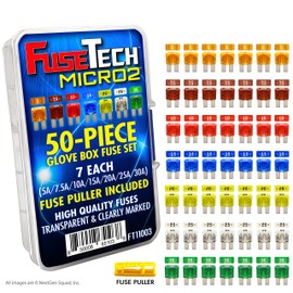 FuseTech Micro2 APT ATR 50 Piece Automotive Car Fuse Assortment Glove Box Set (49 Micro 2 Blade Fuses + Fuse Puller) 5A 7.5A 10A 15A 20A 25A 30A