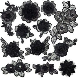 12 Pieces Flower Lace Embroidered Applique 3D Floral Sew On Patches for Clothes Repairing Decorating Wedding Dress DIY Sewing Craft (Black)