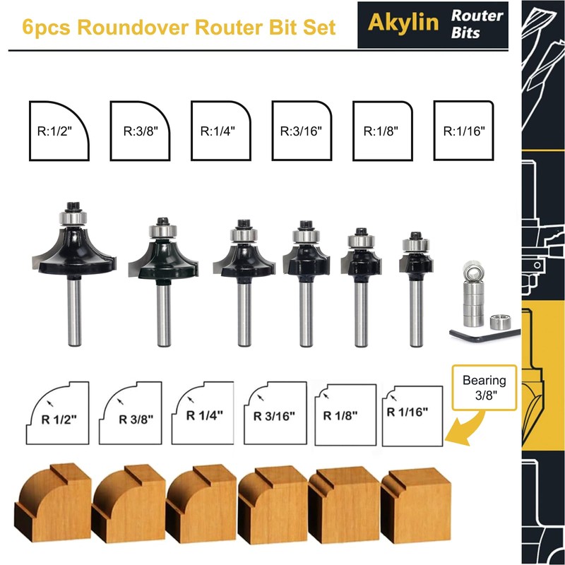 Akylin 6PCS Roundover Router Bit Set, 1/4 inch Shank, Corner