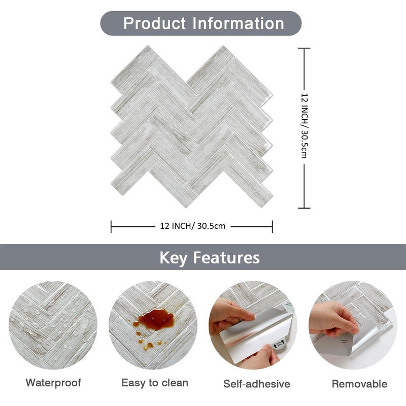 CHIHUT 12''x12'' Grey Wood Look Herringbone Peel and Stick Backsplash