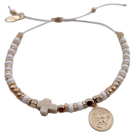 SIFRIMANIA Saint Michael Protector Bead Adjustable Catholic Guardian Angel Bracelet for Women, Protection Cross Religious Medal (White-Gold)