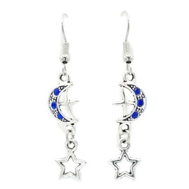 Small Quarter Moon with Dangling Star – Blue Rhinestones- (30x11mm) - Hypoallergenic, Surgical steel fish hooks, Silver alloy dangle Earrings with Silicone Stoppers Earrings