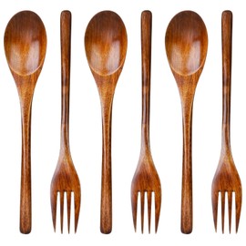 6Pcs Wooden Spoons Forks Set Wooden Spoons and Forks Cutlery Set, Reusable Wooden Utensil Set Wood Spoons Flatware Sets for Stirring Cooking Camping