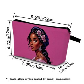 YULUENZE African American Lady Makeup Bag Cute Small Organizer Bag with Zipper Pink Rose Black Woman Cosmetic Bag Aesthetic Birthday Present for Women Sisters Friends