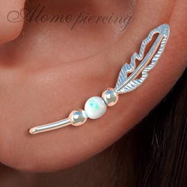 Silver Feather Ear Climbers Tribal Long Ear Climber Earrings Curved Bar Studs, Ear crawlers,Ear Cuffs White Opal
