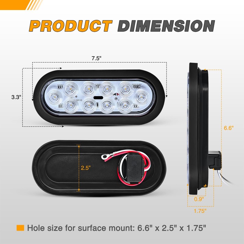GOOACC 6Inch Oval Trailer Tail Light 2PCS 10LED White Reverse