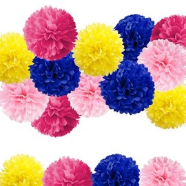 AimtoHome Pink Navy Blue Lemon Yellow Rose Red Paper Pom Poms Party Decorations, 12 PCS Tissue Pom Poms for Birthday Party, Family Gathering,Wedding,Boy or Girl Nursery Classroom Decoration