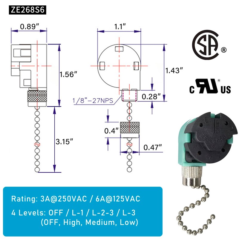 YukiHalu Ceiling Fan Pull Chain Switch 3 Speed 4 Wire,