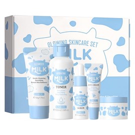 LAIKOU Milk Set de Rutina Facial para Mujeres y Adolescentes Kit de Skincare Hidratante de Tamaño Viaje con Limpiador Tónico Suero y Cremas