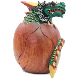 Brave Wings Hand Carved and Painted Wooden - Small Hatching Dragon with Green and Golden Scales - Wood Ornament Sculpture Figurine Statue Unique Table Decoration Home Decor Gift for Birthdays - - 1204