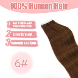 Vlasy Tape in Hair Extensions Human Hair 16 Inch 16pcs Invisible Tape in Extensions Remy Human Hair Straight Seamless Mini Tape ins Hair Extensions Real Human Hair (6# Brown)