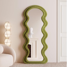 BOJOY BOJOY Full Length Mirror, 63" x 24" Wall Mirror, Flannel Wrapped Wooden Frame Floor Mirror, Irregular Wavy Mirror Hanging or Leaning Against Wall for Cloakroom/Bedroom/Living Room - Green
