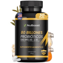 NUBOOST Probioticos y Prebioticos 80 Billones – Suplemento Alimenticio con 10 Cepas de Lactobacilos e Inulina de Agave, 30 Cápsulas para Apoyo Digesti