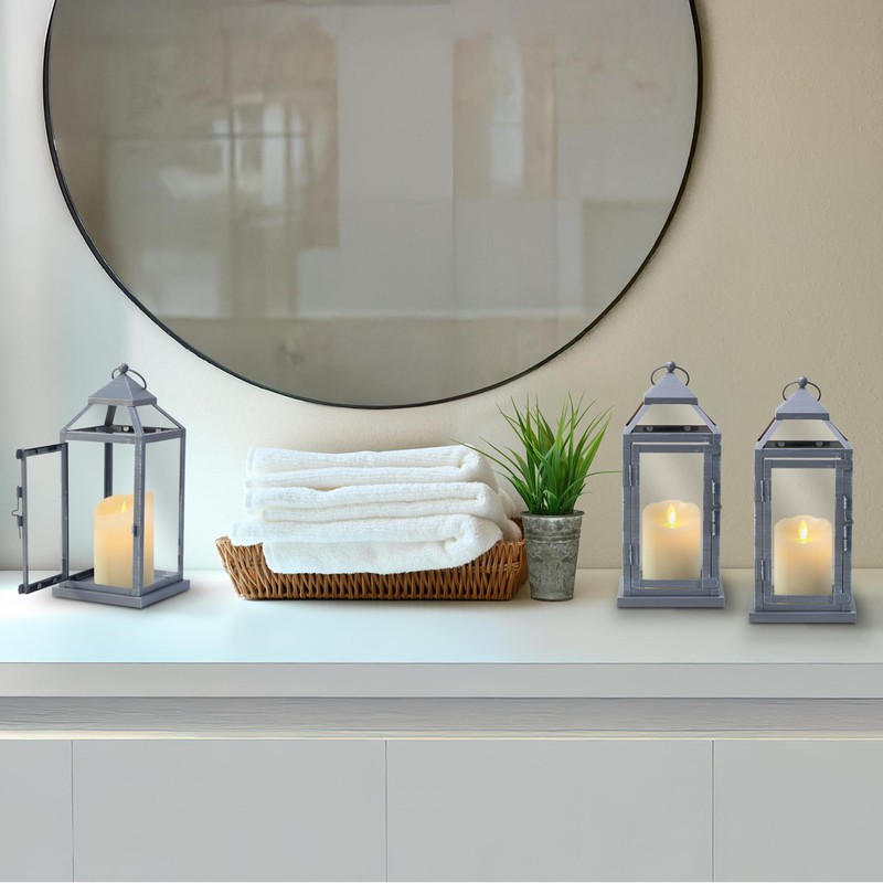 Elements Gray Metal Lanterns Set of 3-12 Inch Decorative Candle