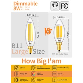 CRLight 8W Dimmable LED Candelabra Bulb 3000K Soft White 80W Equivalent 800LM, E12 LED Candle Chandelier Bulbs, Upgraded Lengthened & Enlarged B11 Clear Glass Torpedo Shape, Pack of 4