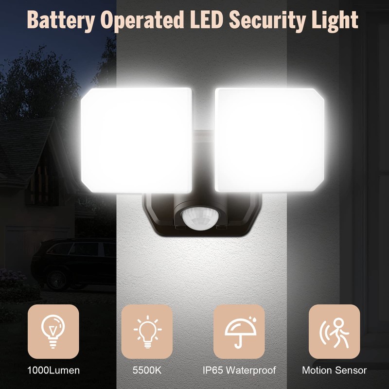 FLITI Battery Powered Motion Sensor Security Light(2 Pack),5000K 1000LM High