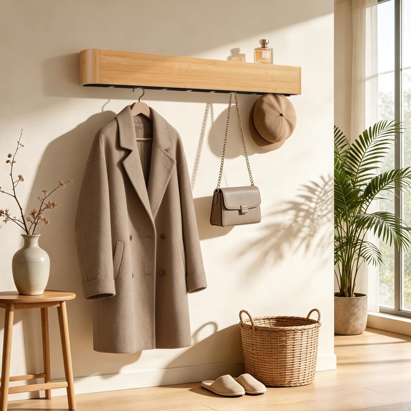 bamzc brz 33" Bamboo Coat Rack Wall Mount, 8 Hidden