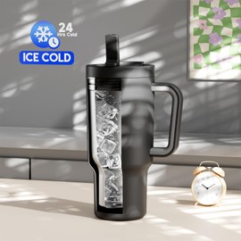 Meoky Meoky 32 oz Tumbler with Handle and Flip Straw, 100% Leakproof Tumbler with Lid and Straw, Stainless Steel Insulated Cup, Cupholder Friendly, Keeps Cold for 24 Hours (Night)