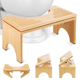 Zioffiel Foldable Toilet Stool 7.1 Inches Adjustable Height Bamboo Potty Stool for Adults with Built-in Bracket, Wooden Toilet Foot Step Stool for Bathroom, Better Posture & Digestion