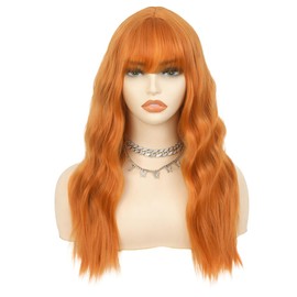 Salaibs Orange Curly Long Wigs for Women with Bangs Natural Fluffy Looking Synthetic Wavy Wig Heat Resistant Wig for Cosplay Daily Use