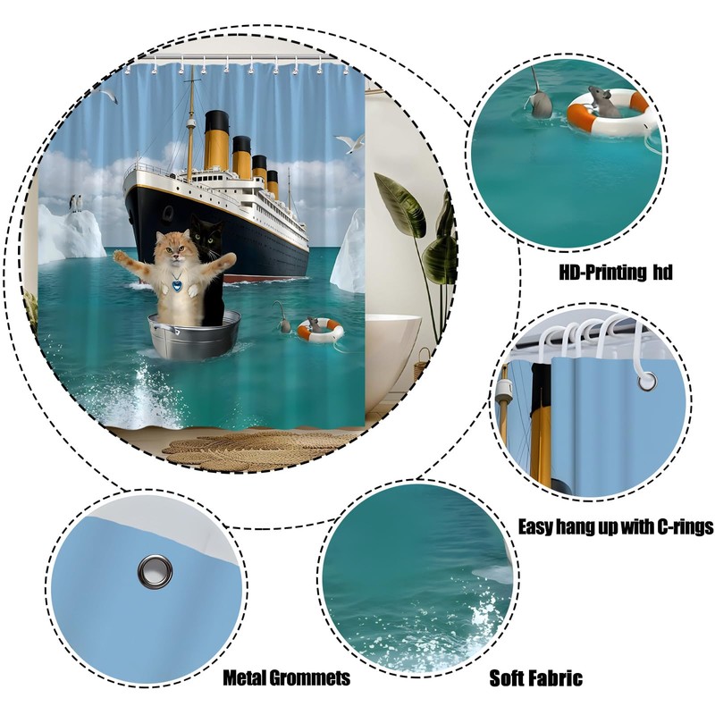 Funny Cat Shower Curtain Cute Black Beige Cat Blue Ocean