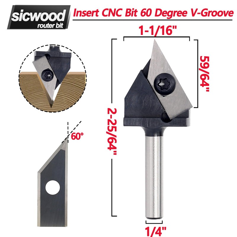 Insert Carbide V-Groove 60-Degree Router Bit 1/4 Inch Shank, Replacement