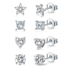 4 Pairs Sterling Silver Stud Earrings for Women Girls, Small Simulated Round Diamond Earrings Cubic Zirconia Flower Stud Earrings Hypoallergenic Sleeper Earrings Set for Multiple Pirercings, 4mm*4