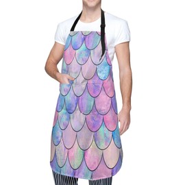 Hysing Mermaid Cooking Apron For Women Men With Pockets,Fish Scale Purple Pink Oxford Cloth Kitchen Apron With Adjustable Neck For Home Waitress Chef Baking/Bbq Waterproof 28x33 Inches