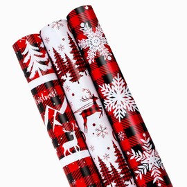 Garbendy Red Christmas Wrapping Paper Roll - Mini Roll - 17 inch X 120 inch Per roll - 3 Different Design Snowflake/Reindeer/Christmas Tree for Christmas Holiday(42.3 sq.ft.ttl)