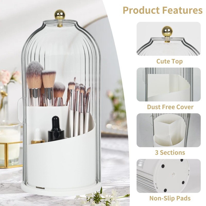 KitVacPak Makeup Brush Holder Organizer with Lid,360 Rotating Clear Dust