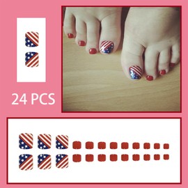 24PCS 4th of July Stars Press on Toe Nails Short Square Fake Toenails Glossy Red Blue White Acrylic Toe Nails Independence Day Flag Design Full Cover Artificial Toenails Foot Nails for Women and Girls
