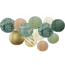 Sage Green Hanging Paper Lanterns Decorative, 12PCS Sage Green and Gold Forest Birthday Party Decoration with Hooks and Ropes Bridal Shower Wedding Home Decor