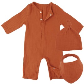 Mababu Baby Gift Set with Romper, Bib & Hat, GOTS-Certified Muslin Organic Cotton, Baby Gift Set, Clothing for Boys and Girls, Baby First Equipment for Baby Shower, Brown (rust)
