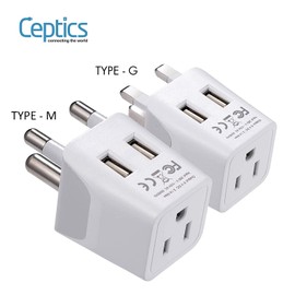 Ceptics South Africa Travel Plug Set - with 2 USB + USA Socket Input - Type M and Type G - Ultra Compact - Safe Grounded Perfect for Cell Phones, Laptops, Camera Chargers