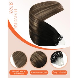 Sunny Hair Micro Hair Extensions Human Hair 20inch Micro Ring Hair Extensions Human Hair Black Balayage Dark Brown Ombre Medium Ash Blonde Micro Loop Extensions Easy to Install 55g