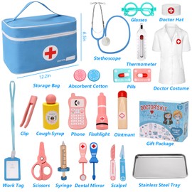 Teneytoyz Children's Wooden Doctor's Case with Real Stethoscope, Thermometer, Syringe, Doctor's Bag and Doctor's Coat, Gift for Children Role Play Toy from 2 3 4 5 Years