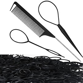 Aiweijia Hair Braiding Kit, Hair Braiding Tool with Rat Tail Comb, 2 Hair Braid Tools and tail comb with 100 Pcs Hair Elastic Bands For Women Girls Black