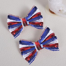 2pcs 4th of July Glitter Hair Bow Clips for Girls, 4" Patriotic Red White Blue Sequin Cheer Bows Alligator Barrettes for Toddler Kids Teens Women Independence Day Accessories Gift