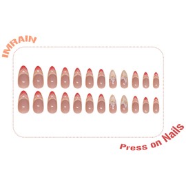 IMRAIN Medium Almond Press on Nails Pink Yellow French Tips Fake Nails with 3D Flower Designs Glossy Glue on Nails Full Cover Artificial Acrylic False Nails for Women Girls 24Pcs