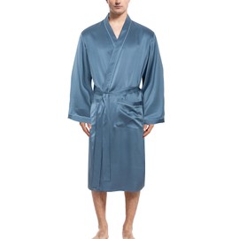 COLD POSH Men's Real Silk Robe Luxury Lightweight Bathrobe for Men Long Sleeve Mulberry Silk Sleepwear,Cyan,M