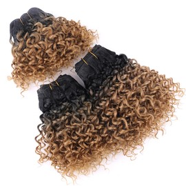 Ombre Golden Afro Kinky Curly Weave 3 Bundles Synthetic Hair Bundles Short Curly Weave Extensions for Black Women(8 10 12 Inch T1/27#)