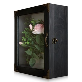 Shadow Box Frame 11x13, Depth 5in Shadow Boxes Display Cases, Rustic Burnt Wood, Vintage Metal Accents, Hinged Door, Metal Handle and Latch, Linen Back